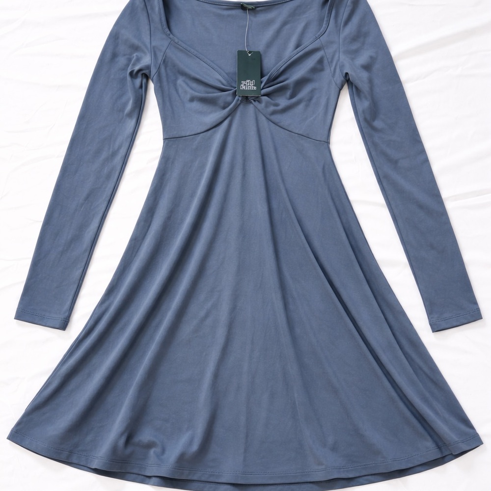 Wild Fable Blue Mini Dress Small Off Shoulder Ruched Fit Flare Long Sleeve NWT - Picture 4 of 14